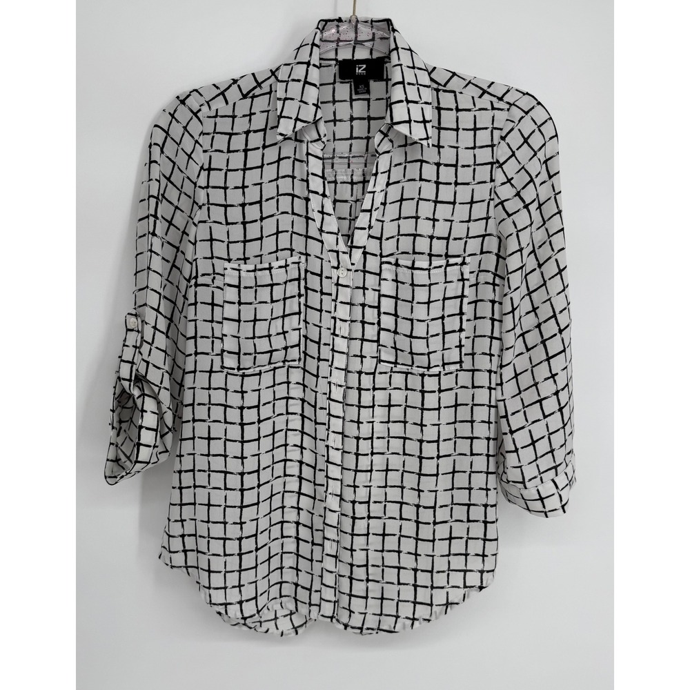 IZ Byer Womens Sz XS White Black Grid Print Roll Tab Sleeve Button Up Blouse